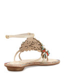 Crystal & Pearly Ankle-Wrap Thong Sandal, Cream/Red/Aquamarine
