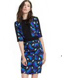 Half-Sleeve Printed Sheath Dress with Keyhole, Multi