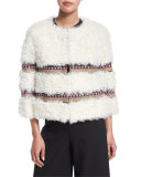 Cropped Kalgan Lamb Fur Jacket w/ Embroidered Trim, Ivory