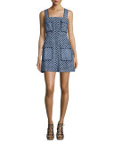 Sleeveless Laser-Cut Mini Dress, Blue/White