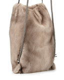 Mink Fur Drawstring Backpack w/Monili Straps, Gray