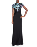 Short-Sleeve Wool Floral-Intarsia Statement Gown, Black