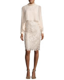 Long-Sleeve Floral Lace Cocktail Dress, Champagne