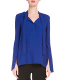 Long-Sleeve Tie-Neck Tunic, Cobalt