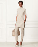 Short-Sleeve Side-Button Sweater, Taupe