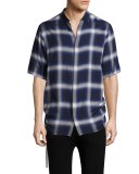 Plaid Drawcord Short-Sleeve Sport Shirt, Blue