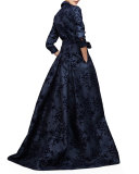 Floral-Embellished Trenchcoat Gown, Navy Slate