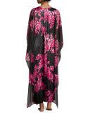 Floral-Print Charmeuse Caftan, Black/Pink