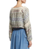 Printed Peasant Top W/ Feather Self-Tie