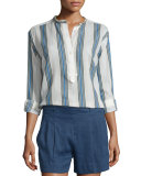 Solid Linen-Blend Shorts, Blue Marine