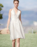 Sleeveless Textured-Mesh A-Line Dress, Ivory