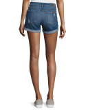 Mid-Rise Rolled-Cuff Distressed Denim Shorts, Indigo