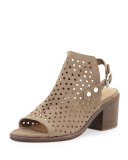 Wyatt Perforated Mid-Heel City Sandal, Warm Gray