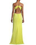 Sleeveless Strappy Stretch Crepe Gown, Chartreuse