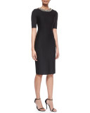 Jeweled-Neck Milano Knit Sheath Dress