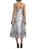 Strapless Printed Tea-Length Gown 
