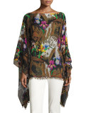 Floral Silk Poncho with Beaded Fringe, Black/Multicolor