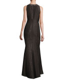Sleeveless Embellished Jacquard Gown, Pewter
