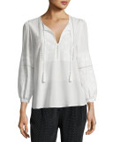 Mei Embroidered Silk Peasant Top, White
