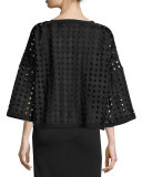3/4-Sleeve Circle Lace Popover Top, Black