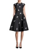 Cap-Sleeve Floral Embroidered Fit-and-Flare Jacquard Dress, Onyx