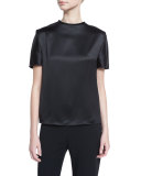 Round-Neck Short-Sleeve Satin Blouse, Black