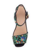 Sonoma Embroidered 120mm Wedge Sandal, Tory Navy/Multi/Green