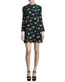 Bell-Sleeve Floral A-Line Dress, Black/Green/Multicolor