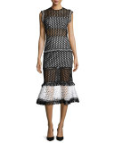 Mag Sleeveless Eyelet Mesh Midi Dress, Black/White