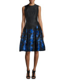 Sleeveless Floral Satin Pleated Cocktail Dress, Black/Royal