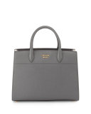 Medium Pleated-Sides Top-Handle Satchel Bag, Dark Gray/White (Mecurio/Talco)