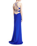 Sleeveless Cross-Back Cutout Column Gown, Blue