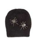 Double Crystal Spider Knit Beanie Hat, Black