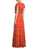 Cap-Sleeve Floral-Print Gown W/Ruffles, Coral