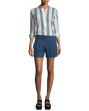 Solid Linen-Blend Shorts, Blue Marine