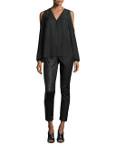 Trista Slim-Leg Leather Pants w/ Zip Cuffs, Black