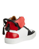 110mm Men's Leather High-Top Sneaker, Black/White/Red