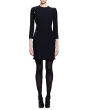 3/4-Sleeve Golden-Button Dress, Black