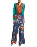 Floral-Print Wide-Leg Silk Toile Pants, Blue Multicolor