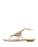 Crystal & Pearly Ankle-Wrap Thong Sandal, Cream/Red/Aquamarine