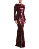 Sequined Boat-Neck Long-Sleeve Gown, Burgundy