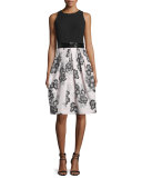Sleeveless Beaded-Waist Floral-Print Dress