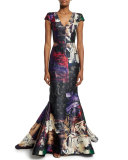 Cap-Sleeve Graffiti-Print Trumpet Gown, Black/Multi