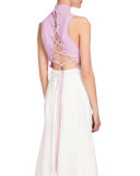 Sleeveless Turtleneck Lace Up-Back Sweater, Pink Violet