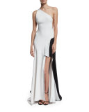 One-Shoulder Crystal Illusion Gown, Black/White