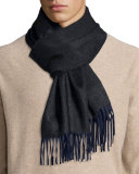 Reversible Cashmere Scarf w/Fringe, Navy/Charcoal