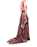 Zubie V-Neck Mixed-Print Gown, Burgundy