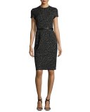 Short-Sleeve Jacquard Sheath Dress, Black