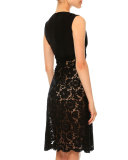 Sleeveless Plunging-Neck Lace Dress, Black