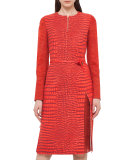Mixed-Print Long-Sleeve Dress, Red